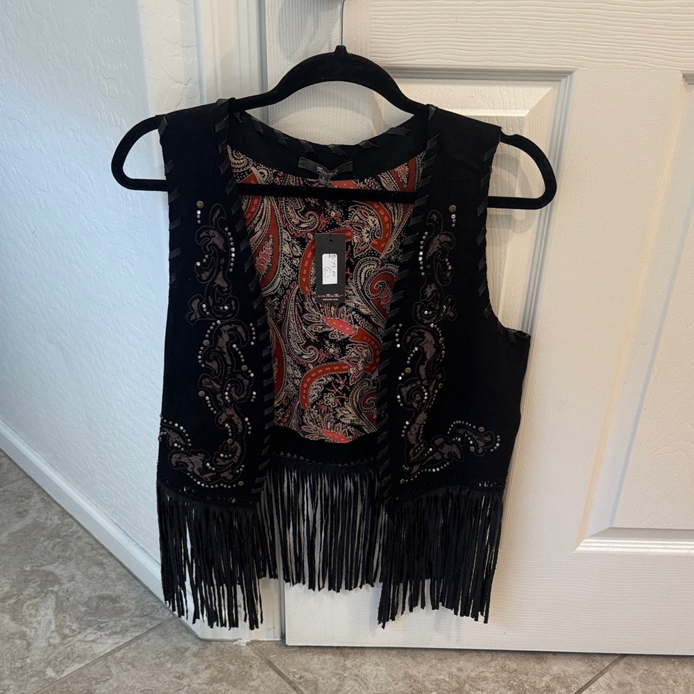 Miss Me Black Fringe Vest with Red Paisley Lining